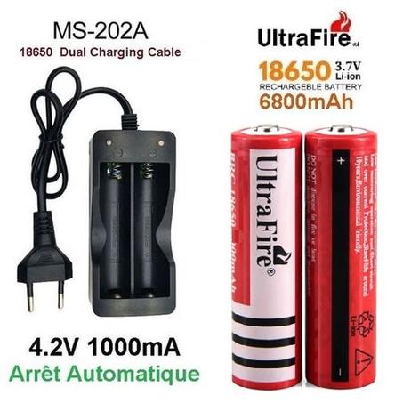 Lot de 2 Piles Rechargeable 3.7V/18650/6800mAh +  Chargeur de Piles 18650 à 2 Fentes