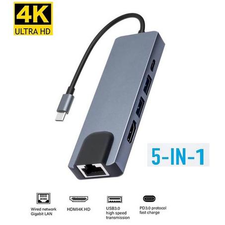 HUB Type-C 5en1 Avec HDMI + 2 * USB 3.0 + RJ45 + Port de Charge USB-C PD