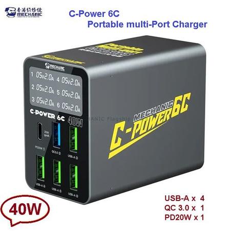 Station de Charge Rapide 40W à 6 Ports - 4 x USB-A + QC3.0 + PD20W - Affichage Numérique