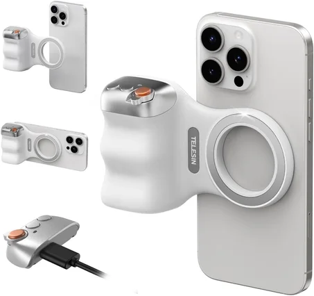 TELESIN Cámara magnética mejorada para teléfono, estilo DSLR, agarre de obturador para iPhone y Android con botón de obturador inalámbrico desmontable anticaída, tornillo de 1/4 pulgadas, sop
