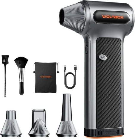 WOLFBOX MF200 - Plumero de aire comprimido con batería extraíble y 4 boquillas, mini soplador inalámbrico ajustable de 3 velocidades para teclado de computadora, limpieza de automóvil, hogar 