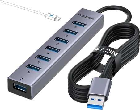 FORIDA Aleación de aluminio de 8 puertos USB Hub divisor USB largo con 7 puertos de datos USB3.0 y puerto de alimentación tipo C 5V/3A compatible con MacBook, laptop, Surface Pro, PS5, PC y m