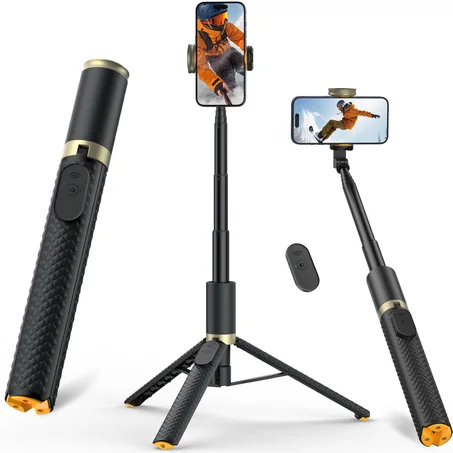 Trípode para teléfono y selfie stick con control remoto, portátil, ligero para grabación de video y vlog, trípode extensible para viajes compatible con iPhone y Android, negro, 62"
