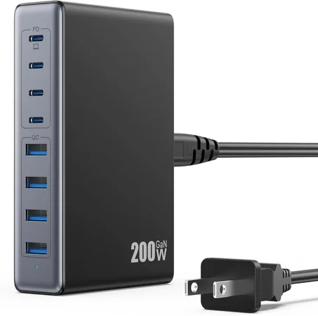 Bloque de cargador USB C de 200 W, estación de carga GaN IV, 8 puertos, concentrador de estación de carga rápida QC4.0 + adaptador de cargador USB C PD de 65 W compatible con MacBook Air/Pro,