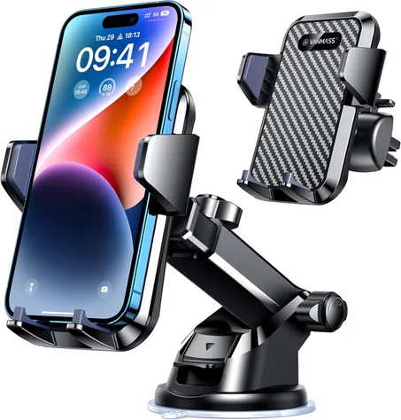 VANMASS Soporte para teléfono celular para automóvil, parabrisas, rejilla de ventilación de auto, con clip de ventilación y panel de tablero, fuerte succión adhesiva, soporte para auto