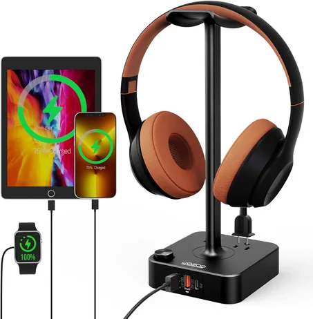 COZOO Soporte para Auriculares con Cargador USB Soporte de Escritorio Gaming Colgador para Auriculares con 3 Estaciones de Carga USB y 2 Tomas de Corriente Regleta de Enchufes, Adecuado para 