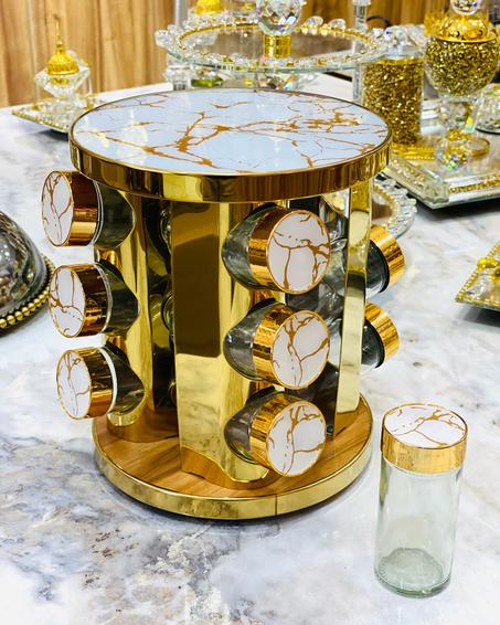 Set portes épices en verre Blanc marbré avec support