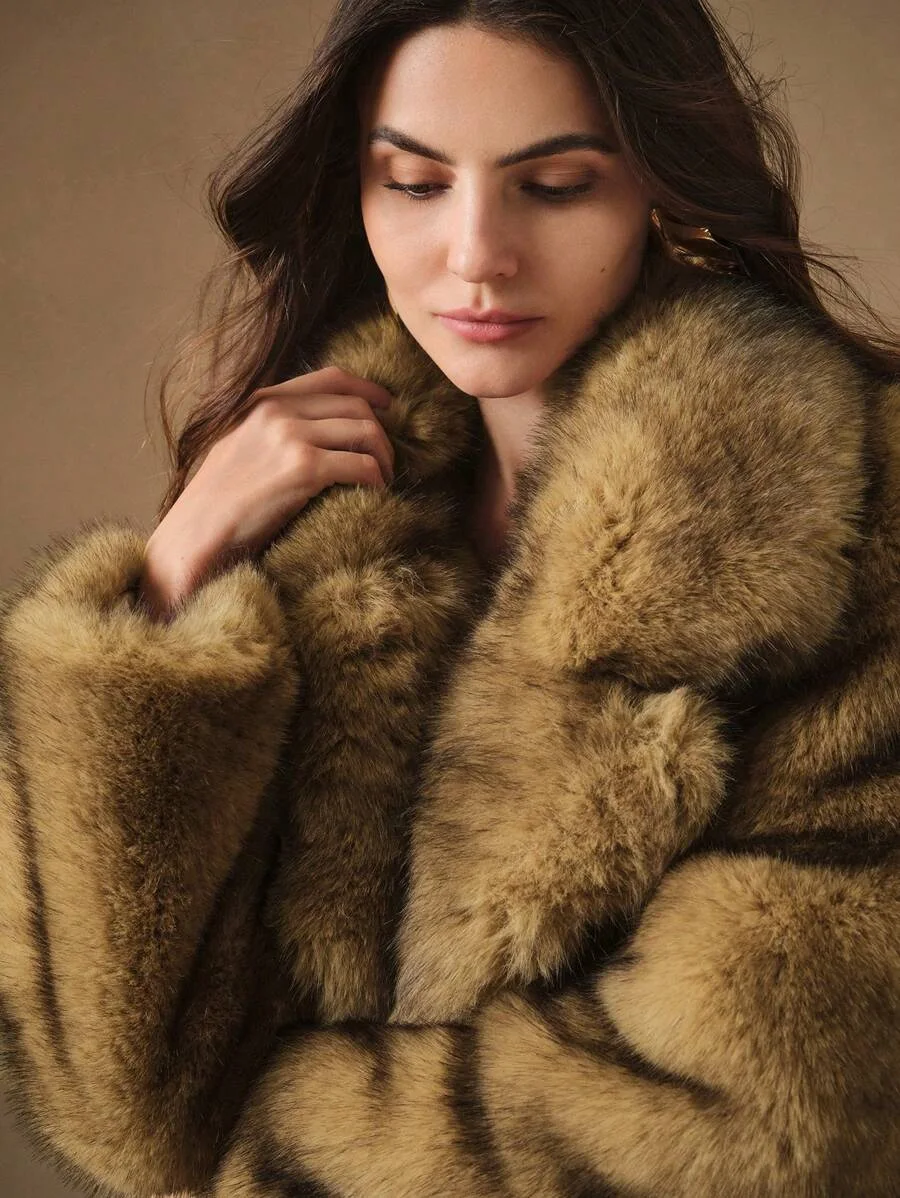 Anewsta Nouvelle mode automne hiver Manteau long et duveteux, Élégant manteau de parka en fourrure pour dame