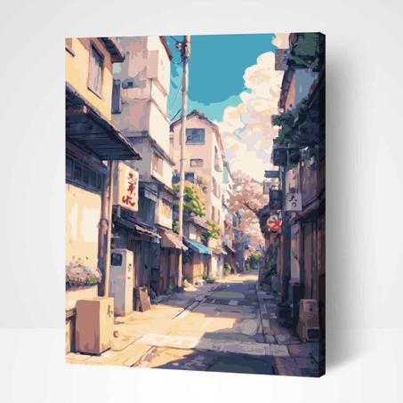 Scène de rue japonaise Architecture Sakura- Peinture Par Numéros