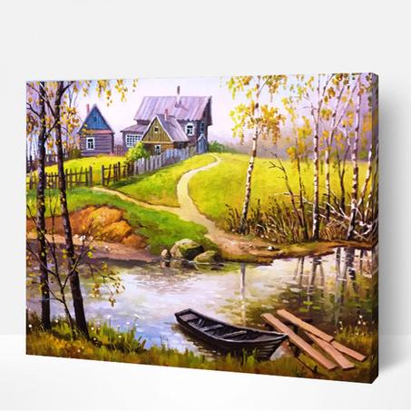 Petite barque sur l'eau en automne - Peinture par diamants