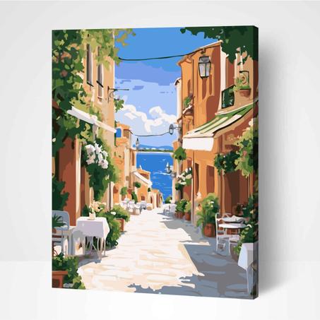 Cafés de rue au bord de l'eau- Peinture Par Numéros