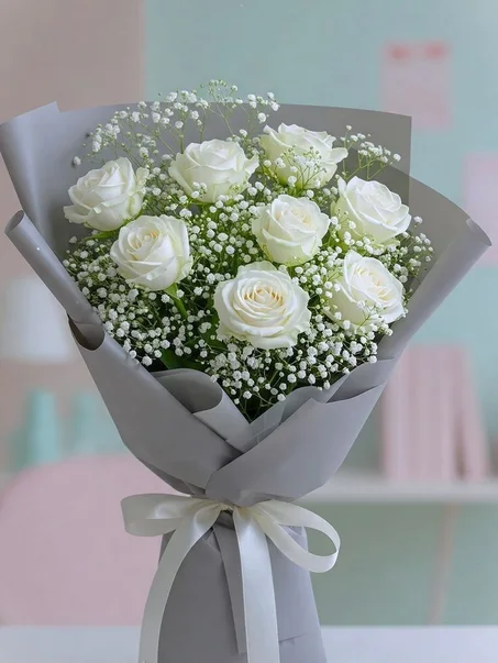 bouquet fleurs blanc et gypsophilla 💌🤍💗