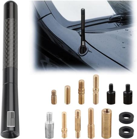 BESULEN Antena corta para automóvil, antena de radio de aluminio de fibra de carbono de 4.7 pulgadas con bandera estadounidense para recepción AM/FM, antena de repuesto universal para automóv