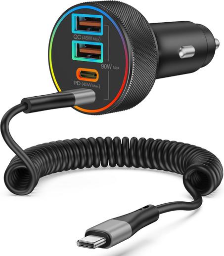Cargador de coche USB C súper rápido de 90 W y 4 puertos + cable en espiral de 6 pies para iPhone 17/17 Pro Max Air/16/16e/15 Pro Max/Plus, Samsung Galaxy S25/S24, Android, USBC Cargador de t