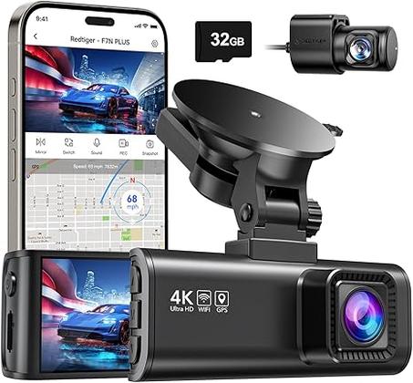 REDTIGER Cámara de tablero frontal trasera, cámara de tablero Full HD 4K/2.5K para automóviles, incluida tarjeta de 32 GB, GPS Wi-Fi integrado, pantalla IPS de 3.16 pulgadas, visión nocturna,