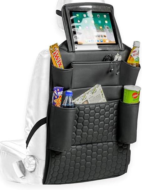 Owleys Organizador de asiento trasero para niños con bolsillo transparente para tableta y 8 compartimentos, 27.5 x 18.5 pulgadas, accesorio de viaje negro para SUV, camión, sedán, camioneta,
