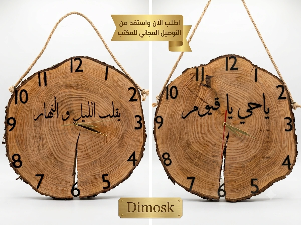 🌿 تحفة خشبية طبيعية – ساعة حائط يدوية الصنع من Dimosk