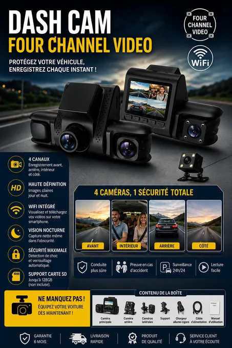 🚗 كاميرا السيارة الذكية Dash Cam – 4 قنوات تسجيل 🚗