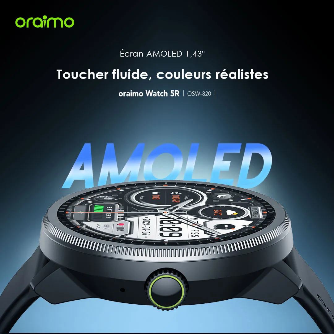 oraimo Watch 5R Montre intelligente Amoled IP68 de 1,43 pouces