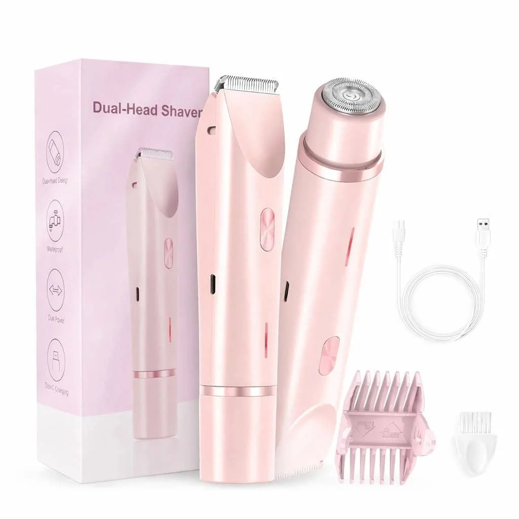 ماكينة حلاقة كهربائية نسائية 2 في 1 - رأس مزدوج مقاوم للماء لإزالة شعر البكيني والجسم  وغير مؤلم (قابلة لإعادة الشحنة)