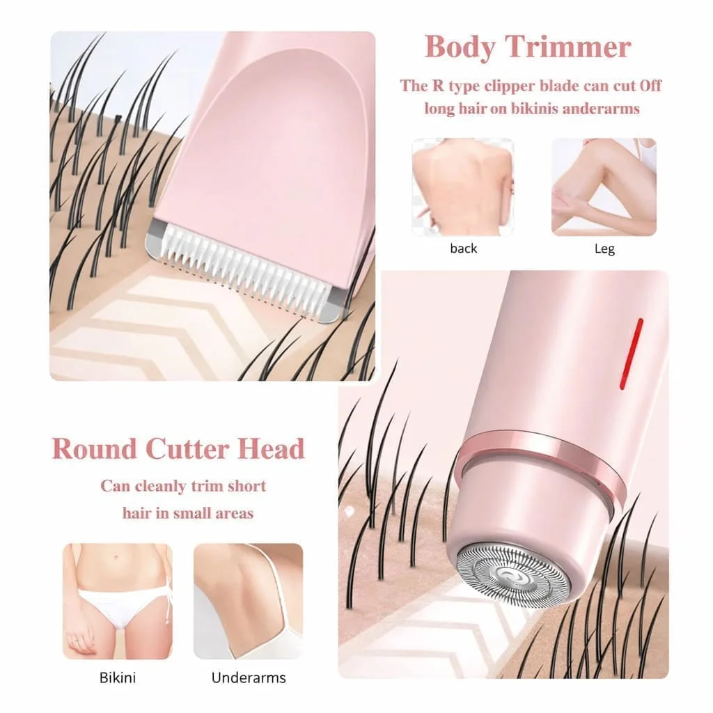 ماكينة حلاقة كهربائية نسائية 2 في 1 - رأس مزدوج مقاوم للماء لإزالة شعر البكيني والجسم  وغير مؤلم (قابلة لإعادة الشحنة)