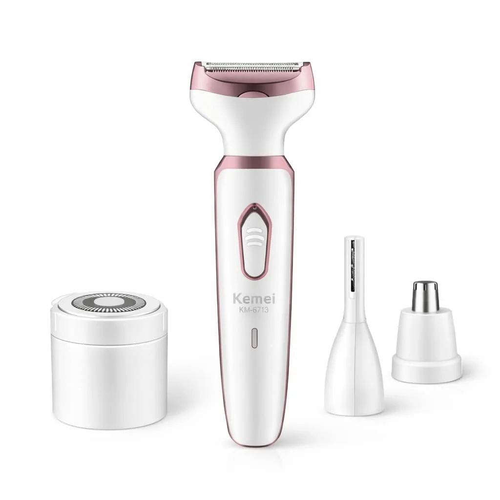 ماكينة إزالة الشعر النسائية KEMEI KM-6713 متعددة الوظائف 4 في 1 استخدام جاف ورطب، مناسبة للوجه والجسم، سهلة الاستعمال وآمنة للبشرة.