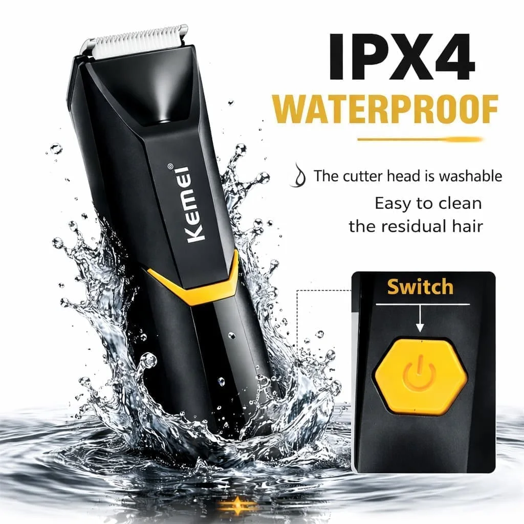 ماكينة حلاقة وتهذيب الجسم Kemei KM-3208 للرجال – آمنة للمناطق الحساسة بلا جروح، مقاومة للماء، قابلة للشحن USB