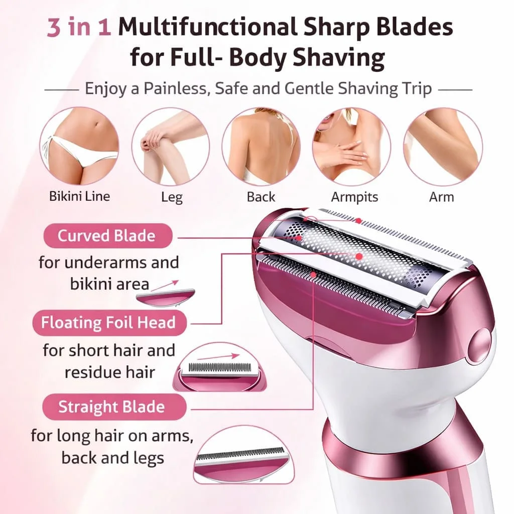 ماكينة إزالة الشعر النسائية KEMEI KM-6713 متعددة الوظائف 4 في 1 استخدام جاف ورطب، مناسبة للوجه والجسم، سهلة الاستعمال وآمنة للبشرة.