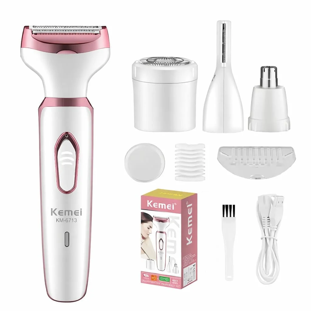 ماكينة إزالة الشعر النسائية KEMEI KM-6713 متعددة الوظائف 4 في 1 استخدام جاف ورطب، مناسبة للوجه والجسم، سهلة الاستعمال وآمنة للبشرة.