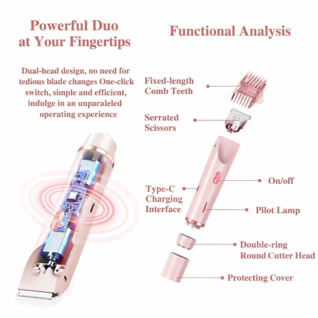 ماكينة حلاقة كهربائية نسائية 2 في 1 - رأس مزدوج مقاوم للماء لإزالة شعر البكيني والجسم  وغير مؤلم (قابلة لإعادة الشحنة)
