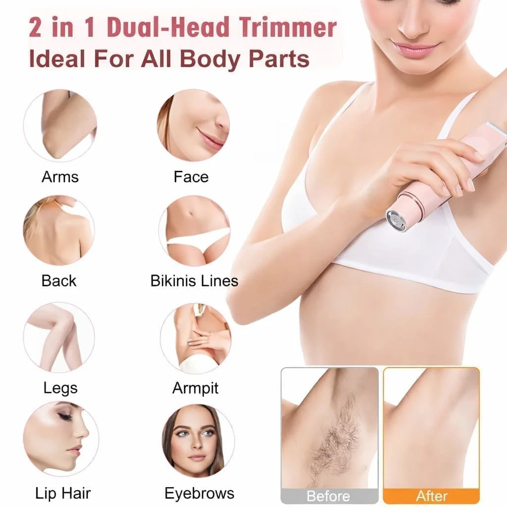 ماكينة حلاقة كهربائية نسائية 2 في 1 - رأس مزدوج مقاوم للماء لإزالة شعر البكيني والجسم  وغير مؤلم (قابلة لإعادة الشحنة)