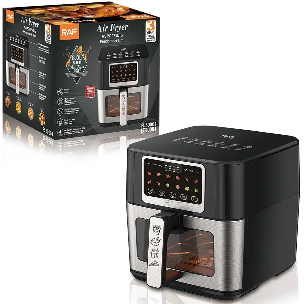 مقلاة هوائية ذكية RAF R.50001 بسعة 8 لتر – 1700 واط، شاشة لمس رقمية، طهي بدون زيت بنسبة % 80