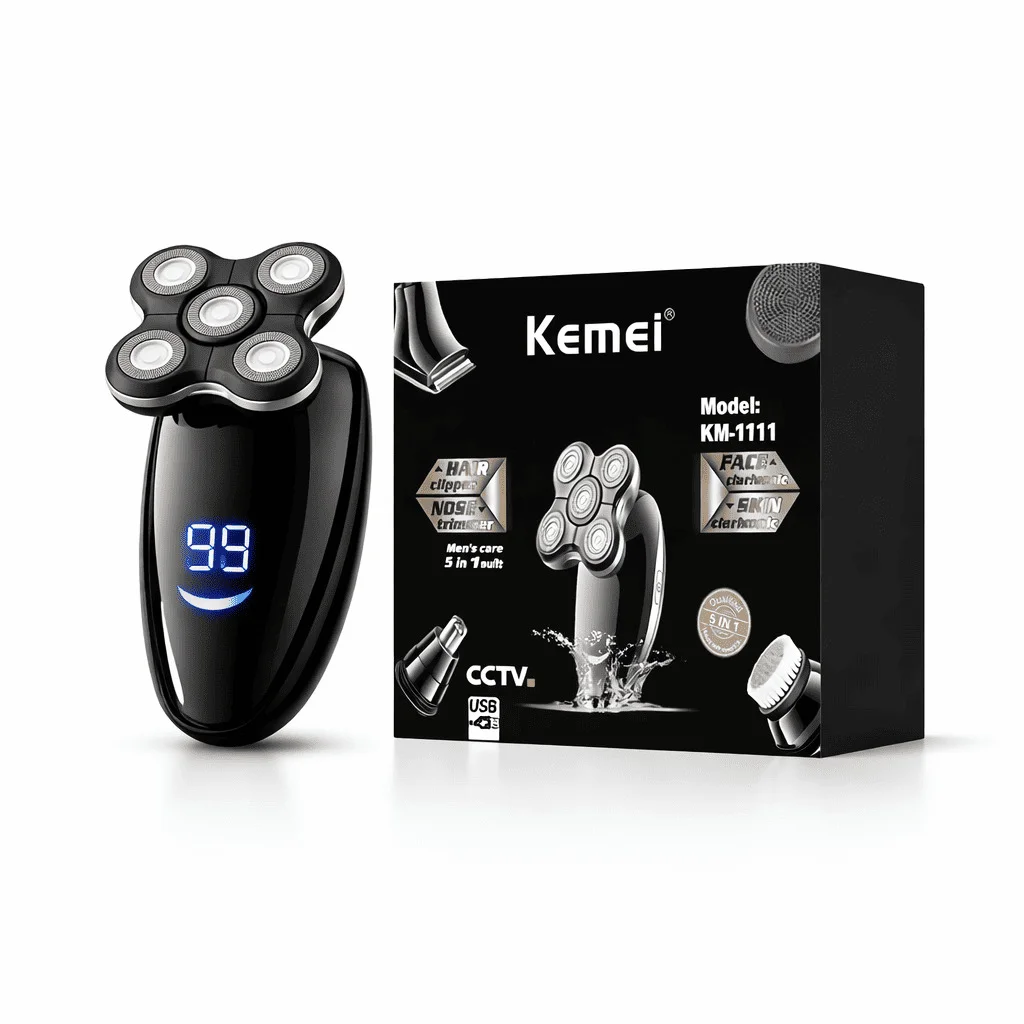 ماكينة الحلاقة الكهربائية Kemei KM-1111 للرجال، 5 في 1 للحلاقة والتشذيب وتنظيف الوجه. أداء احترافي، بطارية قوية، ومقاومة للماء."