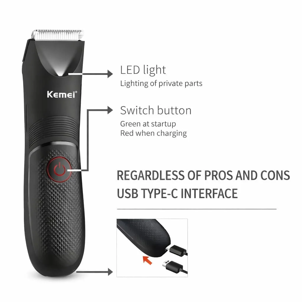 ماكينة تشذيب كيمي KM-1838 للمناطق الحساسة والجسم – شفرة سيراميك مقاومة للماء IPX7، قابلة للشحن USB، تشغيل حتى 90 دقيقة