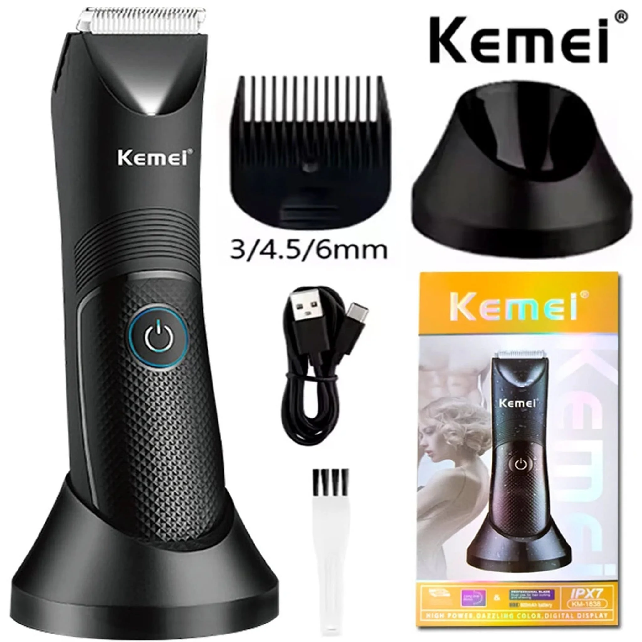 ماكينة تشذيب كيمي KM-1838 للمناطق الحساسة والجسم – شفرة سيراميك مقاومة للماء IPX7، قابلة للشحن USB، تشغيل حتى 90 دقيقة