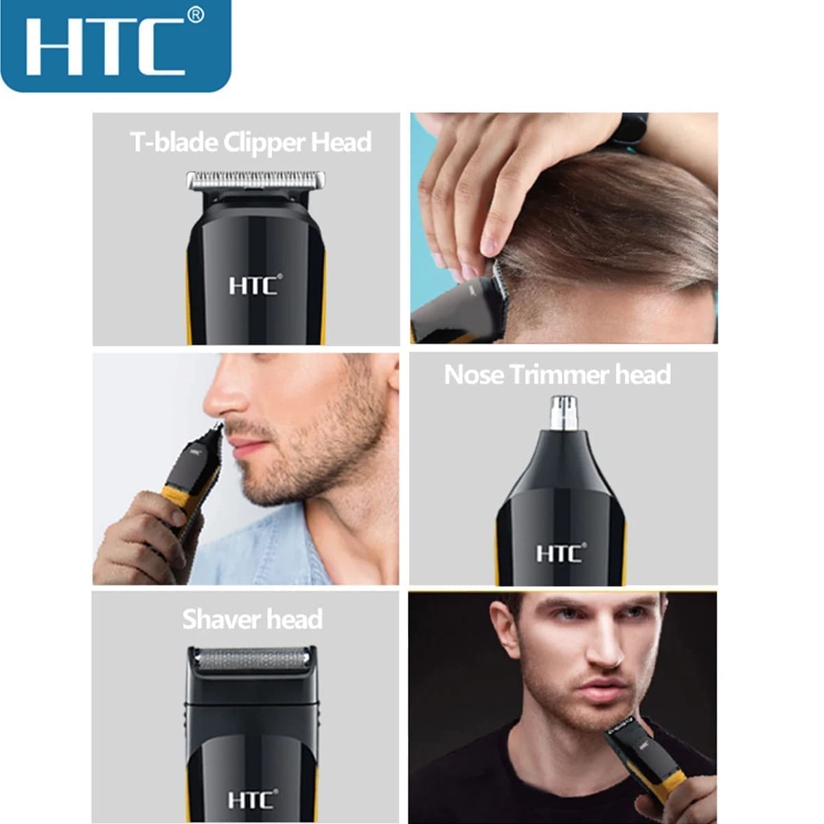 ماكينة حلاقة وتشذيب اللحية وشعر الأنف 3 في 1 للرجال HTC AT-1322 قابلة لإعادة الشحن – بطارية تدوم 120 دقيقة