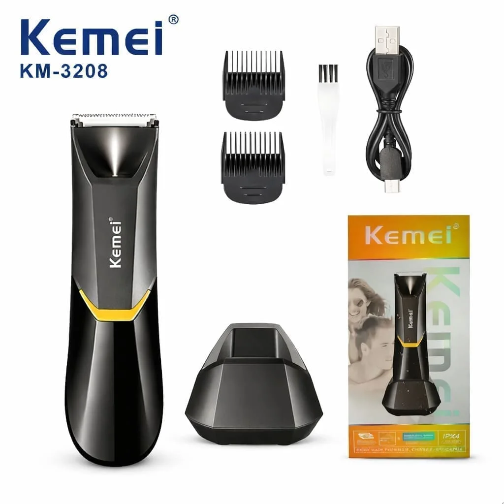 ماكينة حلاقة وتهذيب الجسم Kemei KM-3208 للرجال – آمنة للمناطق الحساسة بلا جروح، مقاومة للماء، قابلة للشحن USB