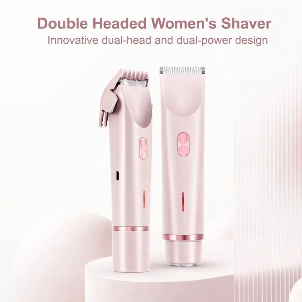 ماكينة حلاقة كهربائية نسائية 2 في 1 - رأس مزدوج مقاوم للماء لإزالة شعر البكيني والجسم  وغير مؤلم (قابلة لإعادة الشحنة)