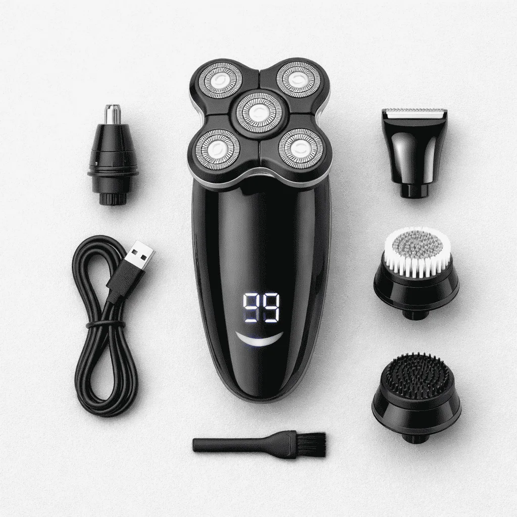 ماكينة الحلاقة الكهربائية Kemei KM-1111 للرجال، 5 في 1 للحلاقة والتشذيب وتنظيف الوجه. أداء احترافي، بطارية قوية، ومقاومة للماء."