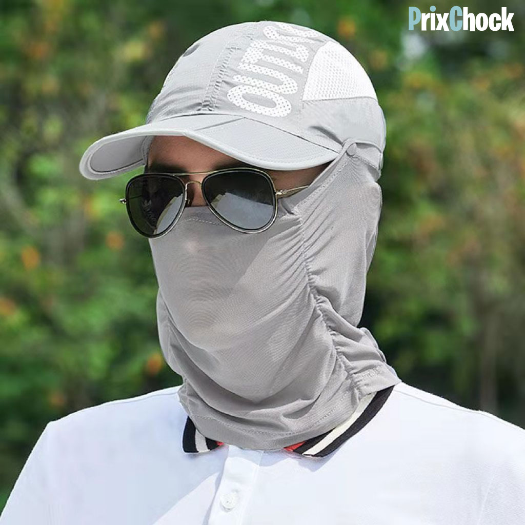 Chapeau de pêche couvre-cou et masque en maille pour homme visière  absorbant la transpiration chapeau de protection à large Beige