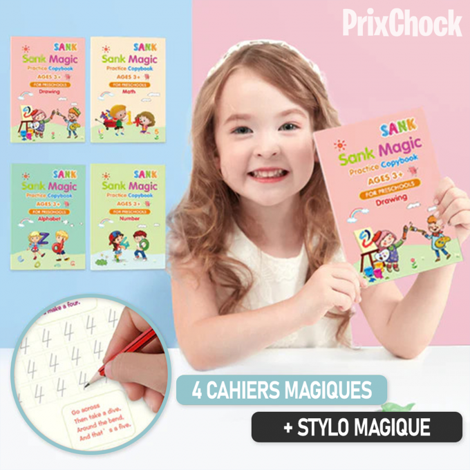 4 paquets de livres réutilisables avec stylo magique, ensemble de cahiers  d'écriture en anglais pour l'écriture des enfants, pratique magique 
