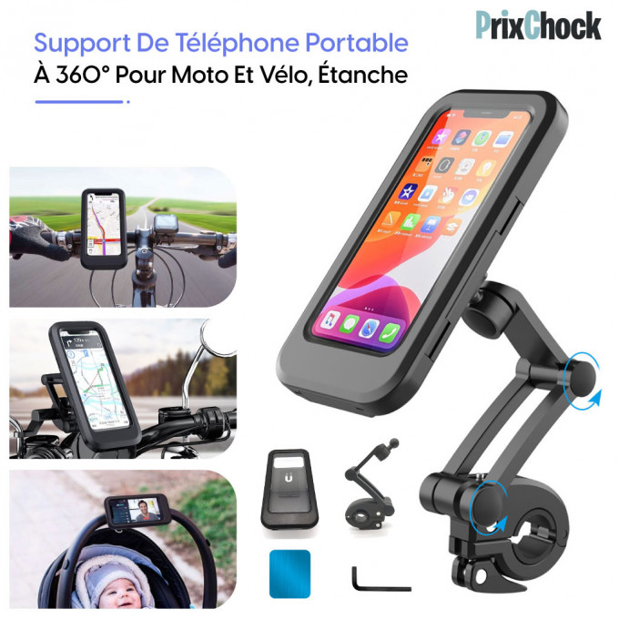 Support Téléphone Vélo Etanche, Porte Téléphone Vélo Rotation 360° Support  Telephone Moto Étanche, pour Smartphone sous 6.3 Pouces, avec Écran Tactile