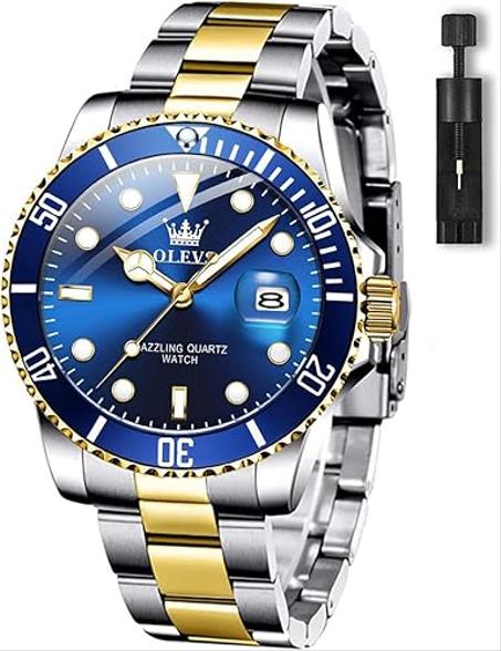 ساعات تناظرية فاخرة من الفولاذ المقاوم للصدأ باللونين الذهبي والفضي للرجال، ساعات رجالية كلاسيكية للرجال