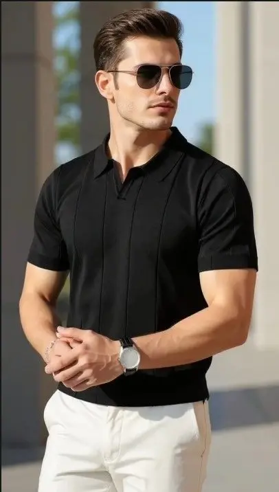 Men's Short Sleeve Polo Neck Knit Blouse, 34335