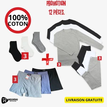 PACK 3 pantalon + 3 pull + 3  Boxers  + 6 Chaussettes Coton 100%