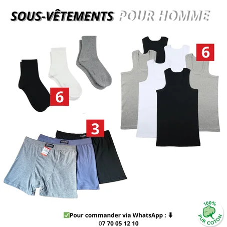 Pack 6 Débardeurs + 3 Boxers simple + 6 Chaussettes sport short - Coton Doux