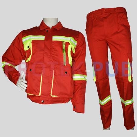 بدلة عمل ذات قطعتين حمراء متعديدة الجيوب مناسبة لجميع المجالات.