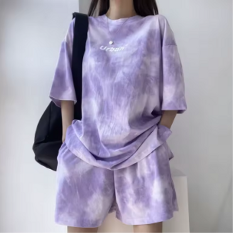 المرأة تي شيرت السراويل دعوى مجموعة عادية التعادل صبغ فضفاض التي شيرت وواسعة الساق السراويل المتوسطة مع جيوب الإناث لينة الصيف السراويل مجموعات