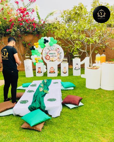 Panneau avec thème de votre choix & Cinq table avec thème de votre choix & Tables basses avec thème de votre choix & Accessoires de buffet & Cercle de ballons & Transport