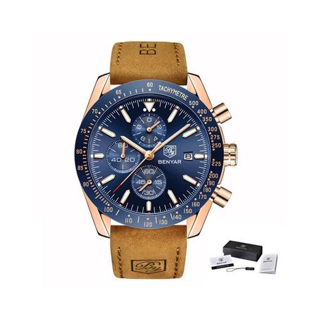 BENYAR BY-5140 ساعة كرونوغراف رجالية مقاومة للماء بسوار جلدي دان - أزرق وذهبي montre homme cuir
